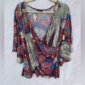 Whimsigoth Bohemian Witchy Hippie Paisley patterned cold shoulder blouse XL